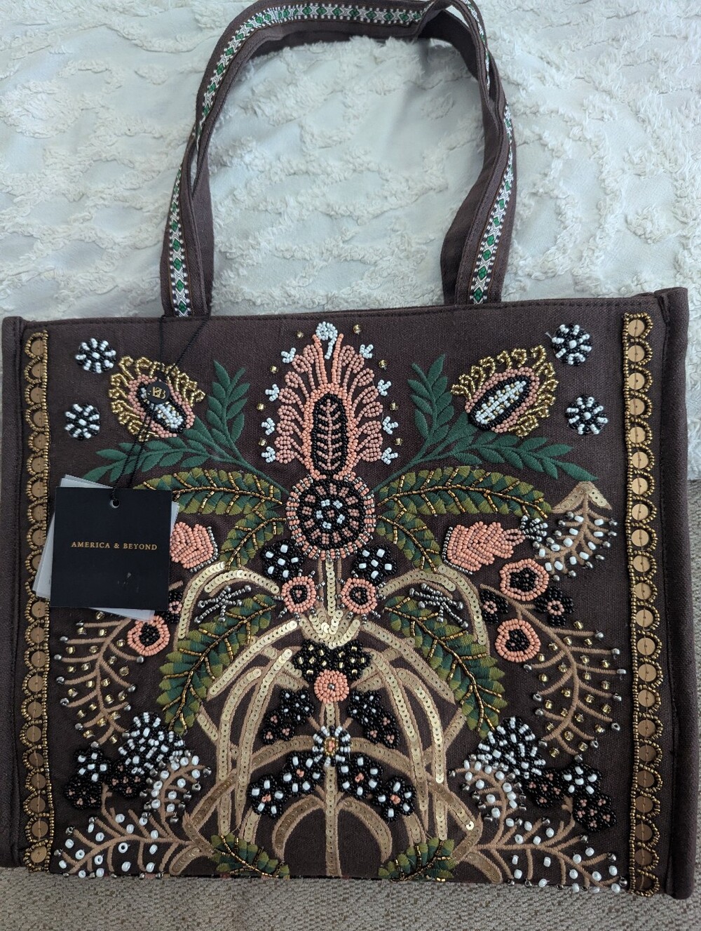 America & Beyond Brown Embroidered Beaded Tote Bag
